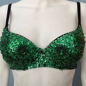 Green Sequin Carnival Mardi Gras Push Up Bra Top Small
